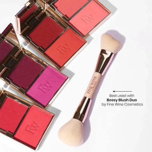 Dual-sided blush brush with soft bristles and metallic handle