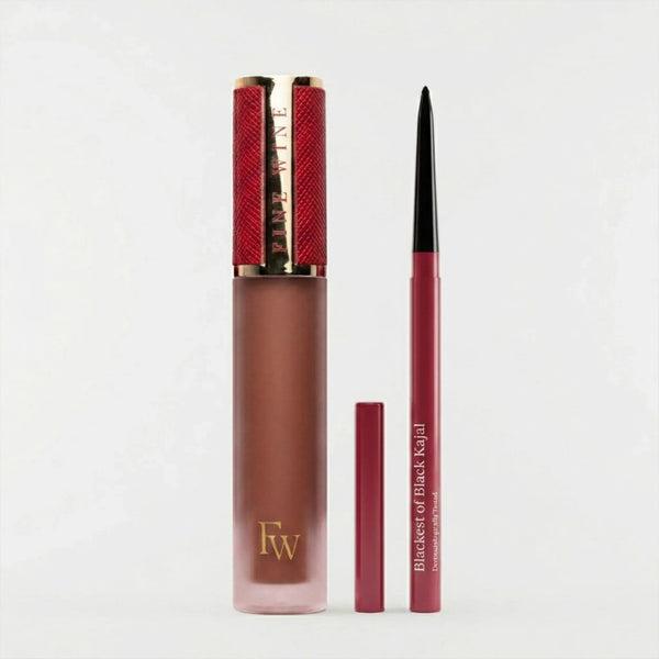 Kajal kit with applicator wand and red-topped tube, plus compact box