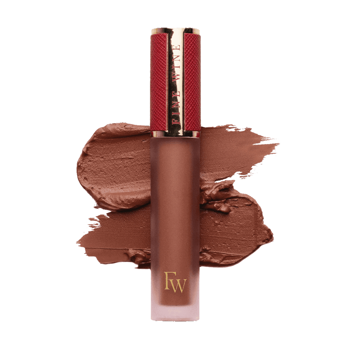 Matte SPF mousse lipstick in warm caramel brown, with lip color swatch and tube