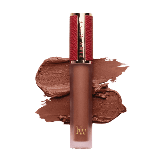 Pepti matte SPF mousse lipstick, medium brown shade with lip-color swatch.