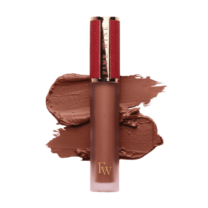 Pepti matte SPF mousse lipstick, medium brown shade with lip-color swatch.