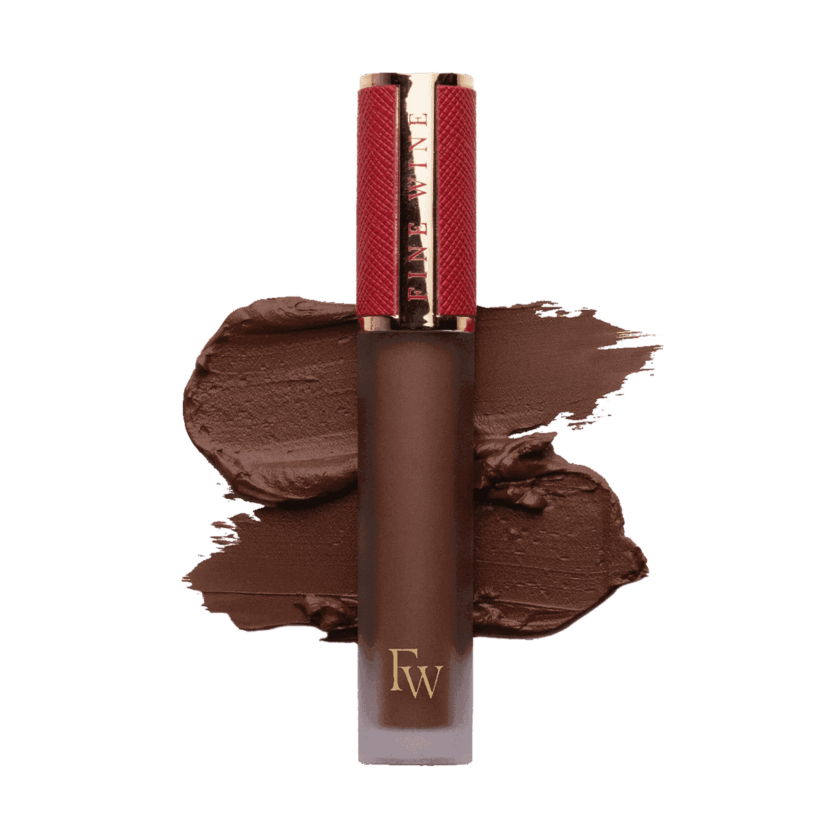 Matte SPF mousse lipstick in cool taupe brown, with lip color swatch and tube