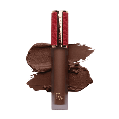 Matte SPF mousse lipstick in cool taupe brown, with lip color swatch and tube