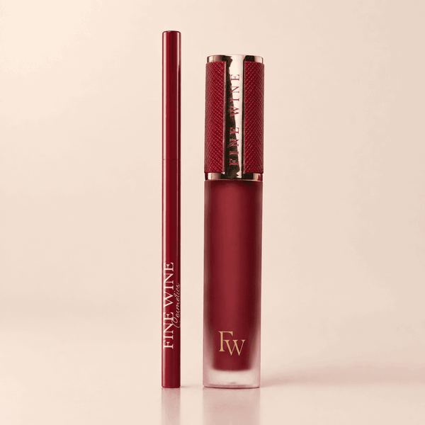 Burgundy red lipstick with clear tube and metallic cap, FW logo on tube