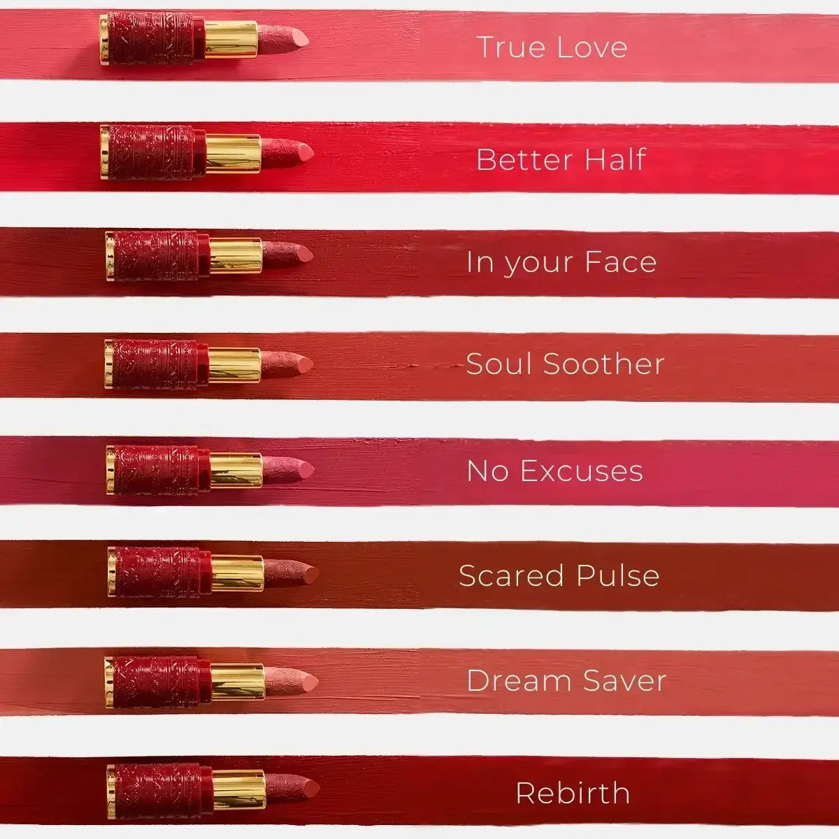 Queen Of Hearts Creme Lipstick shade lineup with eight red and pink lipsticks