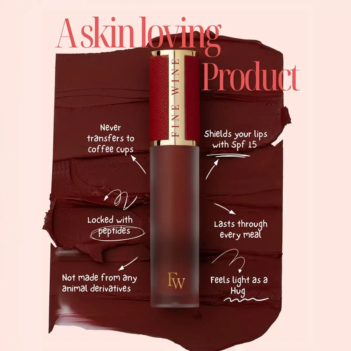 Burgundy matte lip mousse lipstick tube centered on dark burgundy smear
