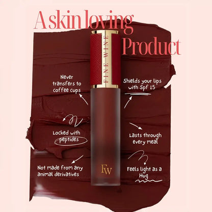 Burgundy matte lip mousse lipstick tube with feature callouts on smear