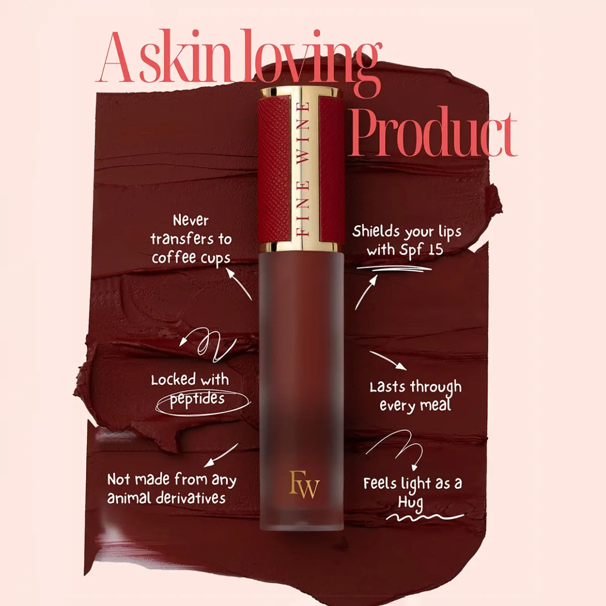 Matte SPF lip mousse lipstick tube with dark red swatch on product card