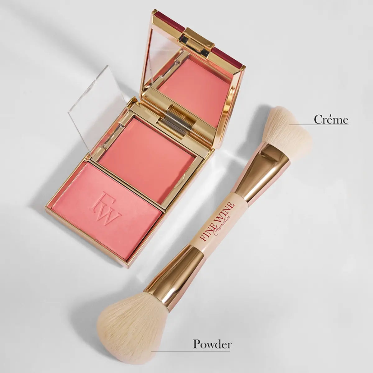 Two-pan blush duo palette with included angled blush brush