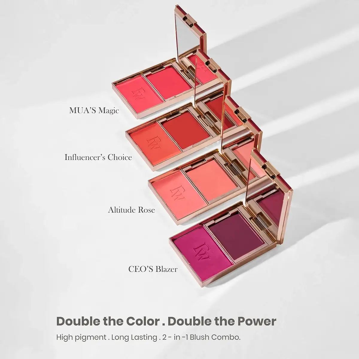 Blush duo palette with two blush shades in a gold compact, open to show colors