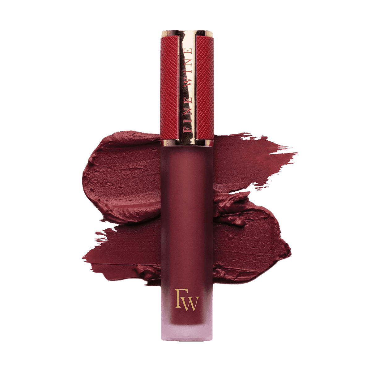 Matte SPF mousse lipstick in deep burgundy red, with lip color swatch and tube