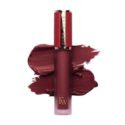 Matte SPF mousse lipstick in deep burgundy red, with lip color swatch and tube