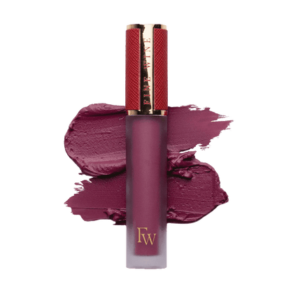 Matte SPF mousse lipstick in rich berry plum, with lip color swatch and tube