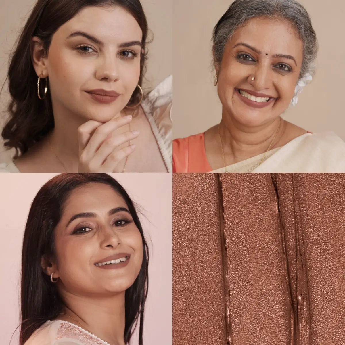 Matte SPF lip mousse lipstick on models, warm nude and bronze lip shades