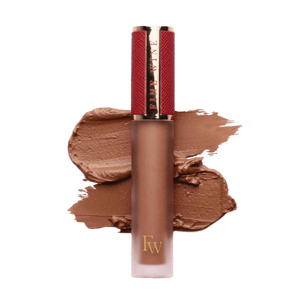 Matte SPF mousse lipstick in warm medium brown, with lip color swatch and tube