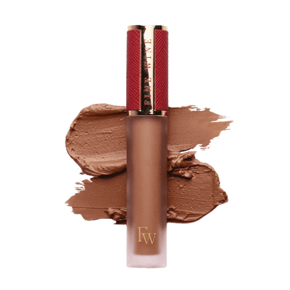 Matte SPF mousse lipstick in warm medium brown, with lip color swatch and tube