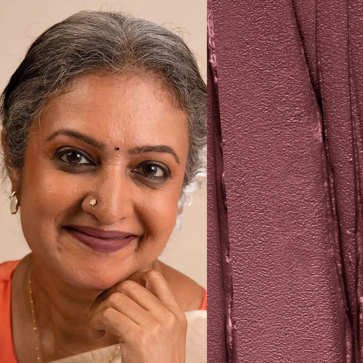 Matte SPF lip mousse lipstick with deep plum purple lip swatch on textured background