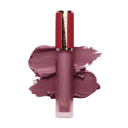 Matte SPF mousse lipstick in mauve rose, with lip color swatch and tube