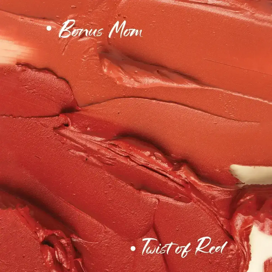 Mousse lipstick in rich red shade, close-up on lipstick texture