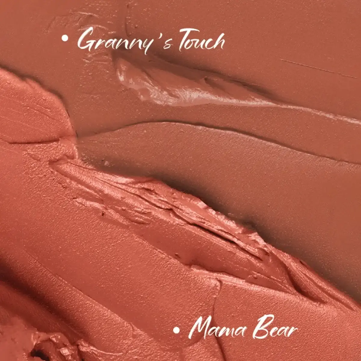 Mousse lipstick swatches in warm rose and copper tones on skin