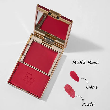 Blush duo compact with two red-pink blush pans and swatch markers