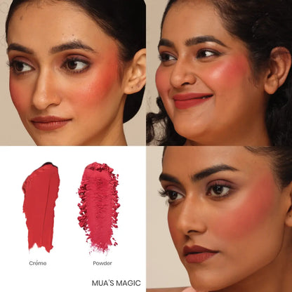 Blush duo with cream and powder swatches, shown on three model close-ups