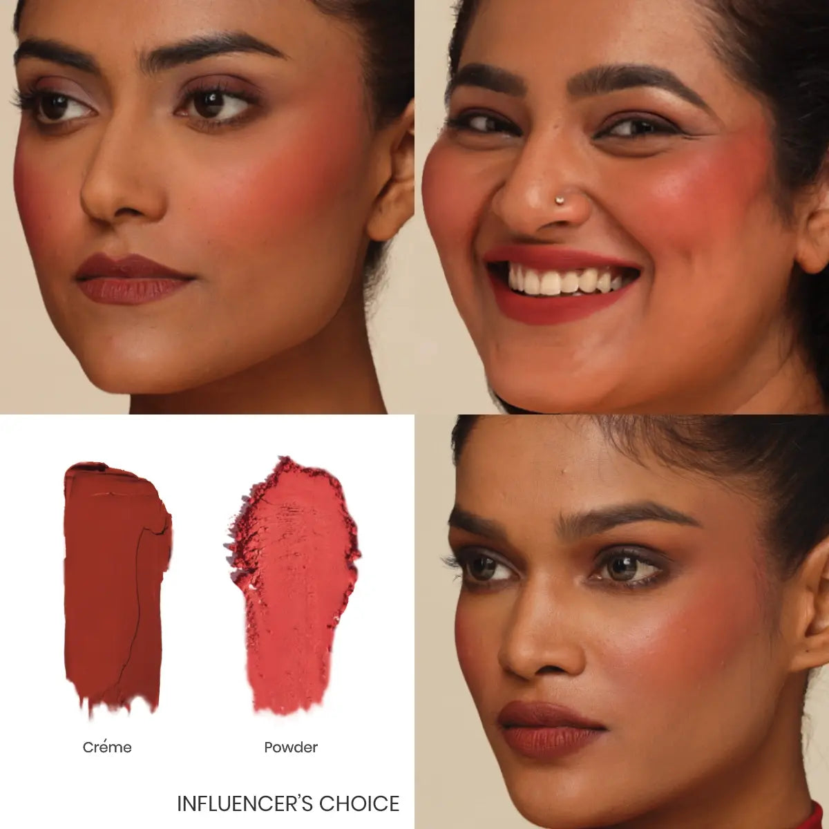 Blush duo swatches showing cream and powder tones with model face looks