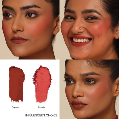 Blush duo swatches showing cream and powder tones with model face looks