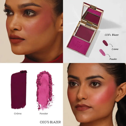 Model with plum-toned blush and dark red lipstick