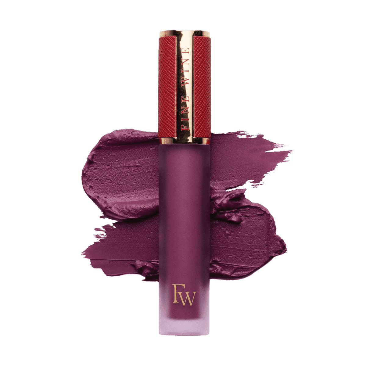 Matte SPF mousse lipstick in plum purple, with lip color swatch and tube