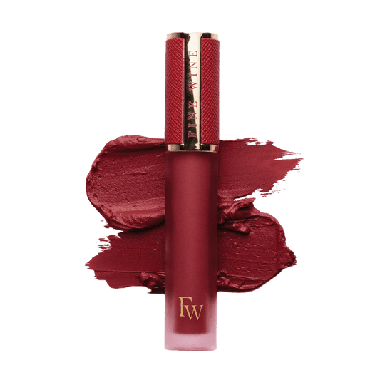 Pepti matte SPF mousse lipstick, deep red shade with bold lip-color swatch.