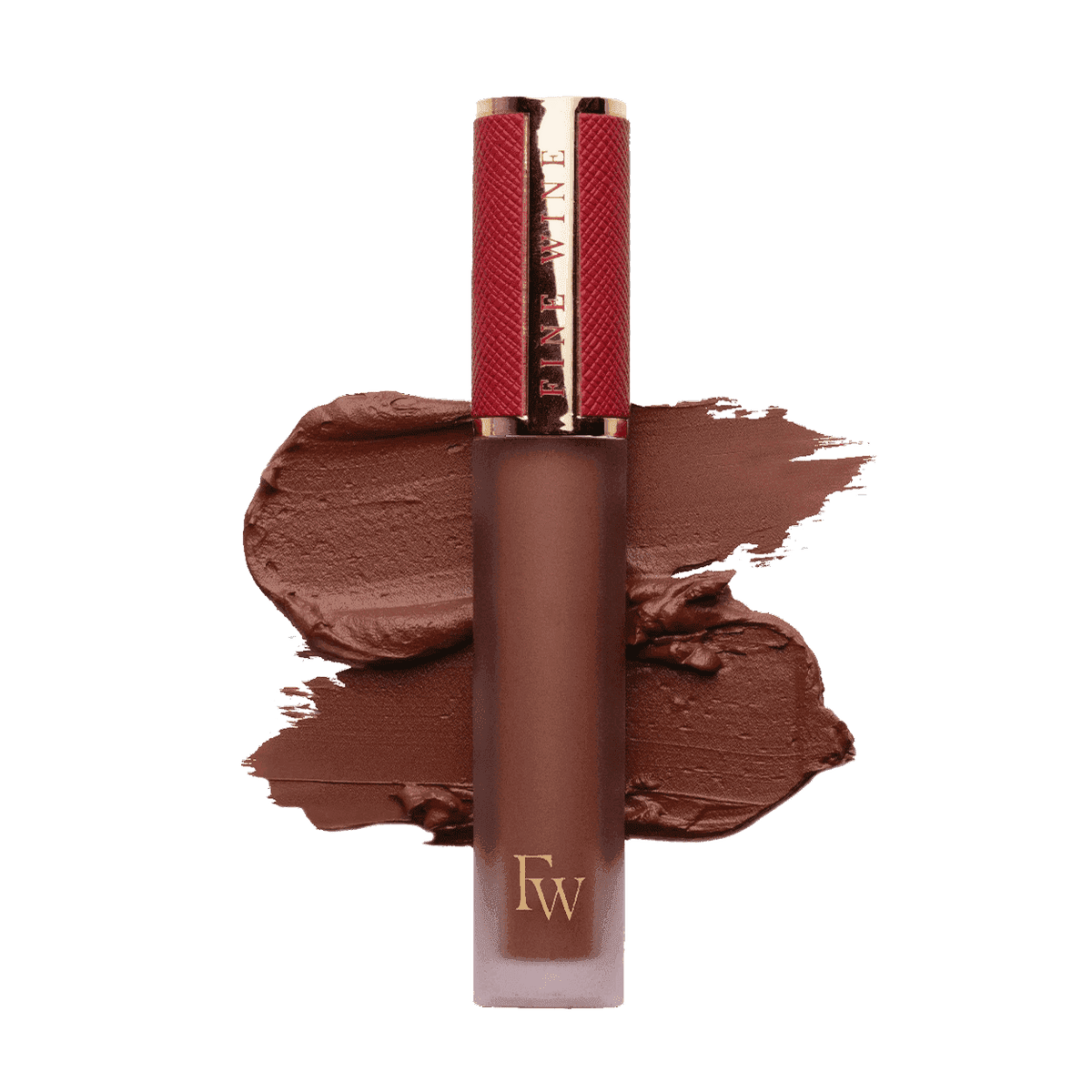 Matte SPF mousse lipstick in dark brown, with visible lip color swatch and tube