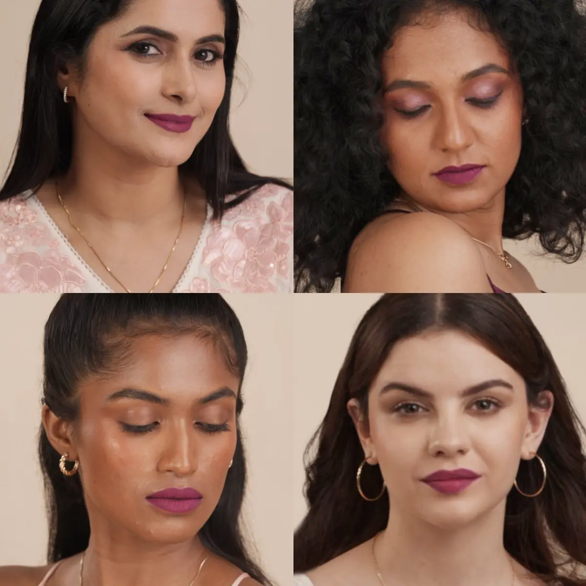 Four-panel portrait of women wearing plum and berry lipstick shades