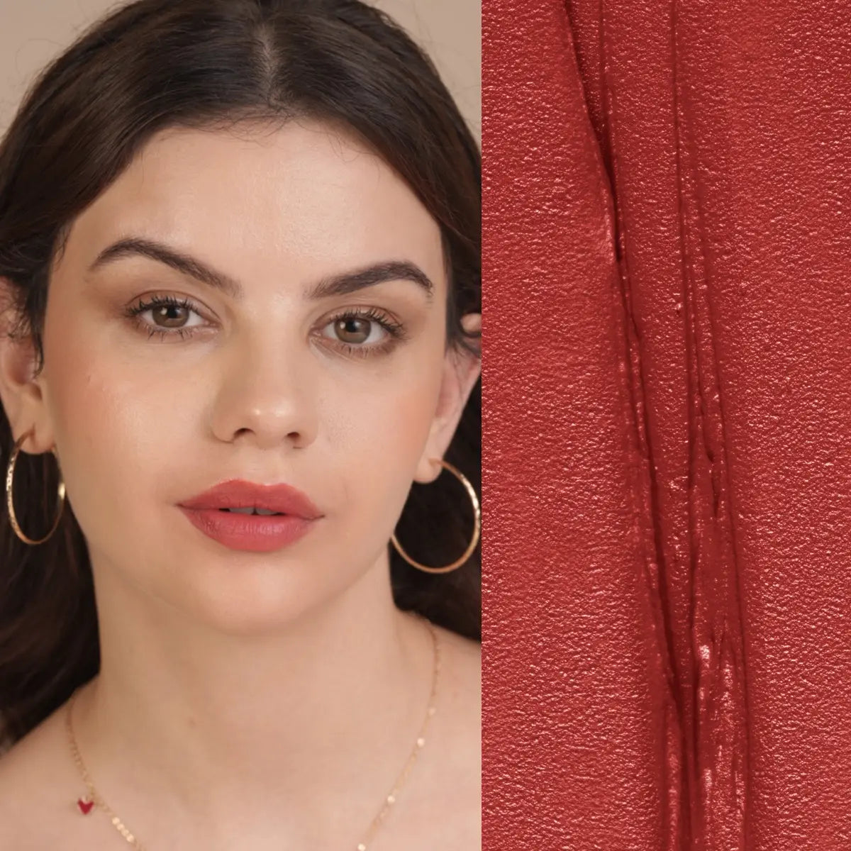 Matte SPF lip mousse lipstick with rich red lip color on a model