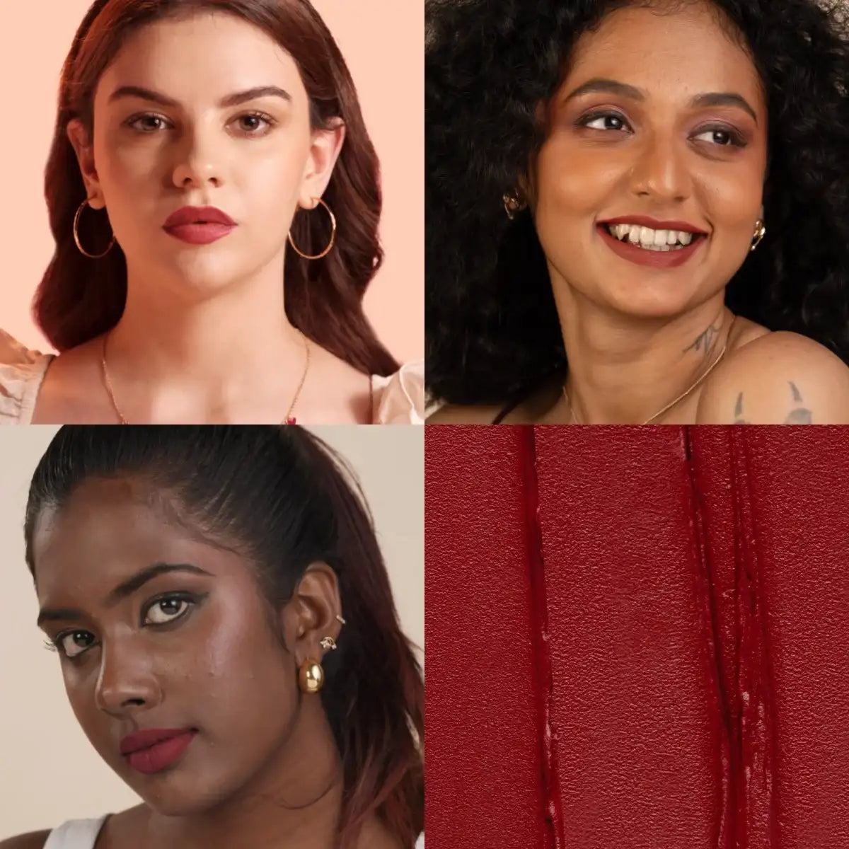 Matte SPF lip mousse lipstick shades on four models with different lip colors