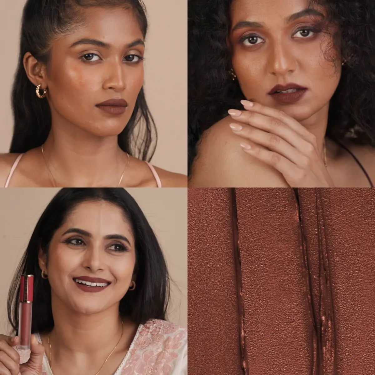 Matte SPF lip mousse lipstick worn on lips, deep brown-red shades on two models