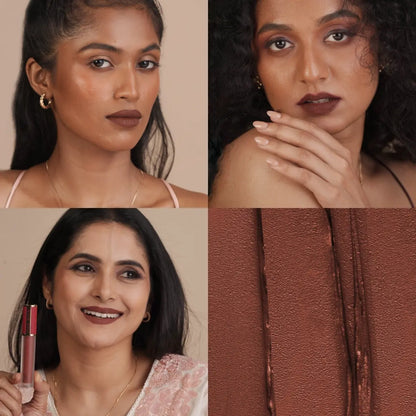 Matte SPF lip mousse lipstick worn on lips, deep brown-red shades on two models